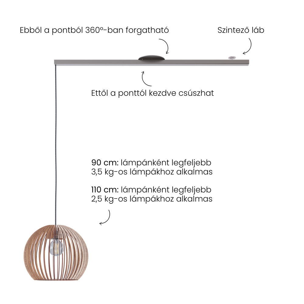 Lightswing termékkép szöveggel; - 360 fokban forgatható - szintező láb - középen csúsztatható - 90cm: 3,5 kg-ig alkalmas függőlámpákhoz - 110cm: 2,5 kg-ig alkalmas függőlámpákhoz.