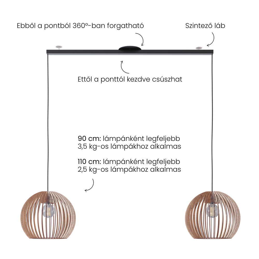 Lightswing termékkép szöveggel; - 360 fokban forgatható - szintező láb - középen csúsztatható - 90cm: 3,5 kg-ig alkalmas függőlámpákhoz - 110cm: 2,5 kg-ig alkalmas függőlámpákhoz.